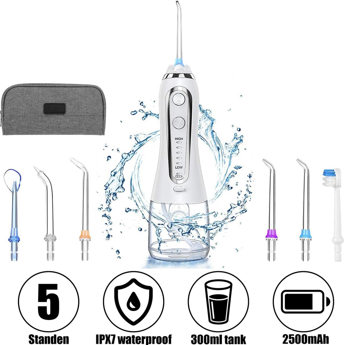 MyStand® Waterflosser - Monddouche - GRATIS Reistas - Waterflosser Draadloos - Tandsteen Verwijderen - 5 standen - 6 opzetstukken -Wit