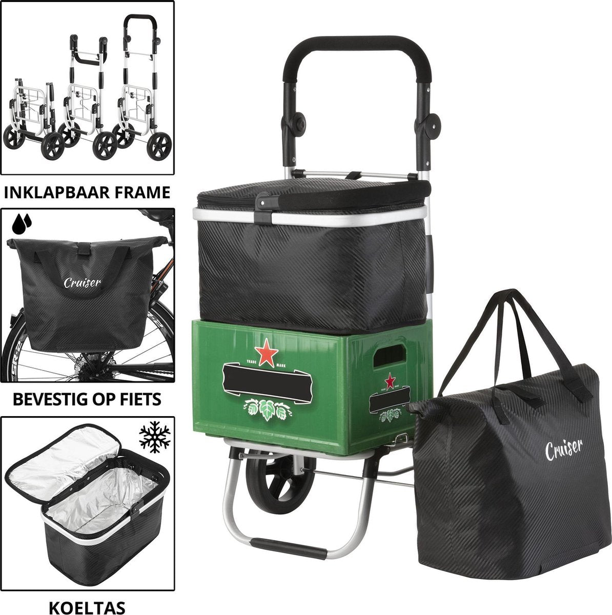 ShoppingCruiser® ‘4 in 1’ Boodschappentrolley | Boodschappenwagen met schoudertas | Fietstas | Koeltas | Bierkrathouder