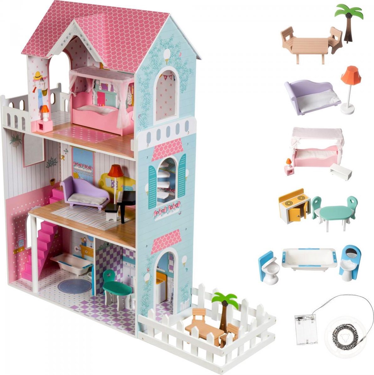 Mamabrum Houten Poppenhuis XXL - Poppenhuis Meubels - 123cm - LED Verlichting - met Accessoires