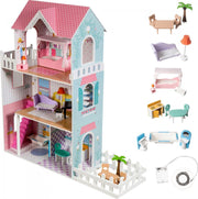 Mamabrum Houten Poppenhuis XXL - Poppenhuis Meubels - 123cm - LED Verlichting - met Accessoires