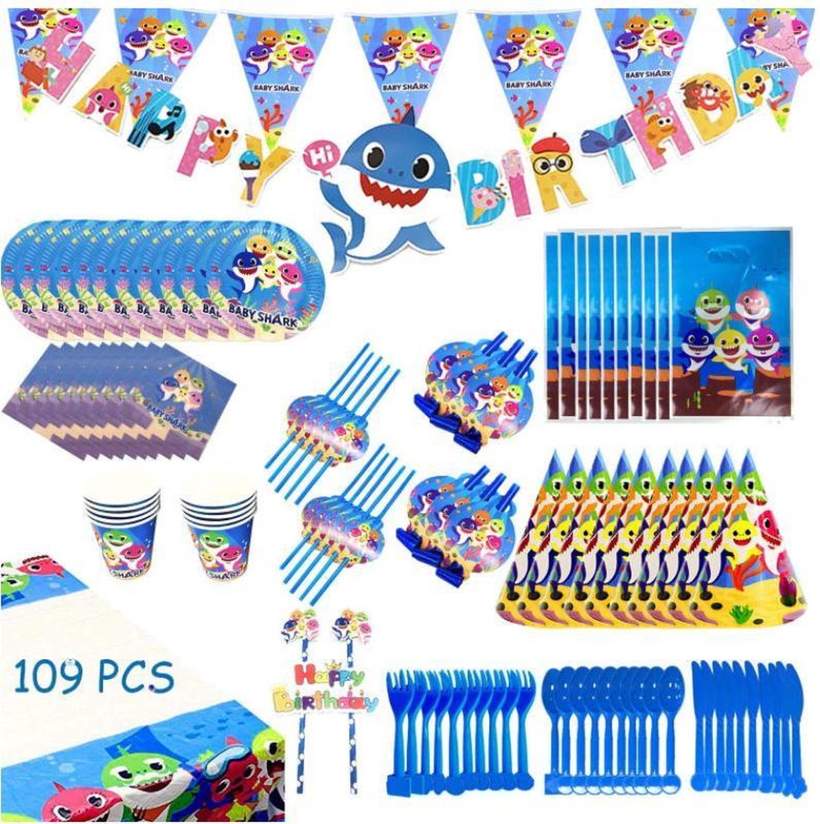 Feestopstelling - Feest Set - Verjaardagsfeest - Versiering Set - Viering - Happy Birthday - Party Set - Set Up - Servies - Mes Vork - Bordje - Banier - Speelgoed - Cadeautasje - Rietje - Versieren - Decoration  - Tableware - Oceaan Thema - Sea Theme