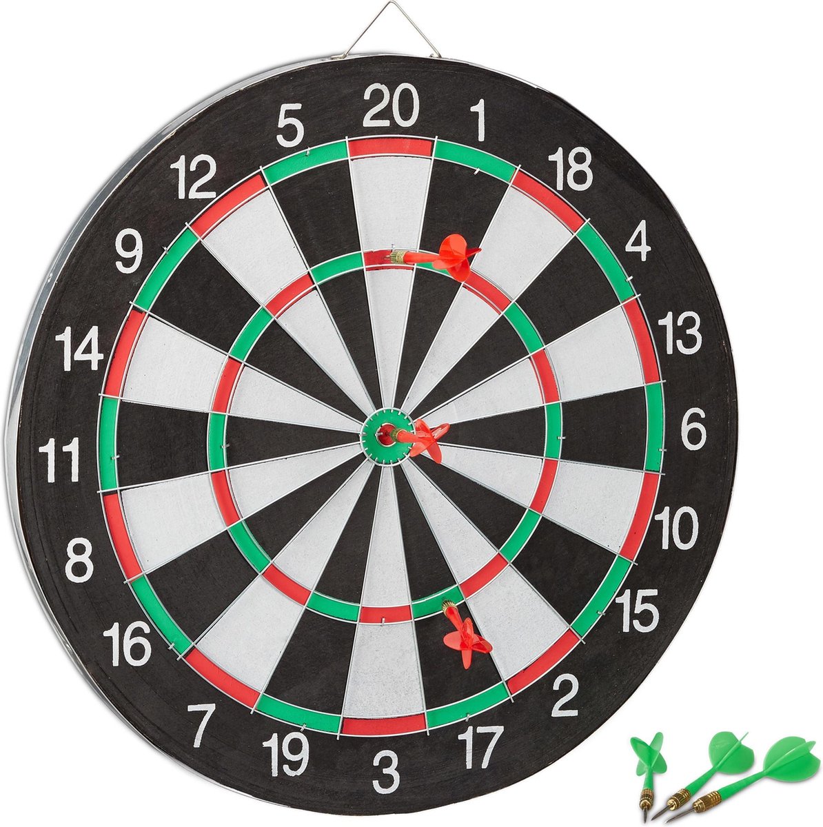 relaxdays dartbord X2 met pijlen - dartboard 43 cm - dubbelzijdig - klassiek - 6 pijlen