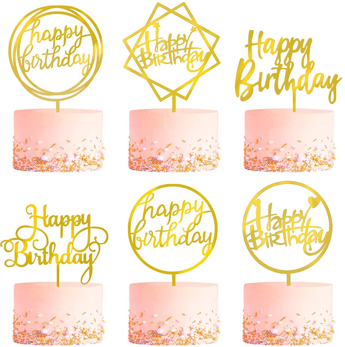 Fissaly® 6 Stuks Gouden Happy Birthday Taarttopper & Caketopper Set – Taartversiering – Decoratie Topper