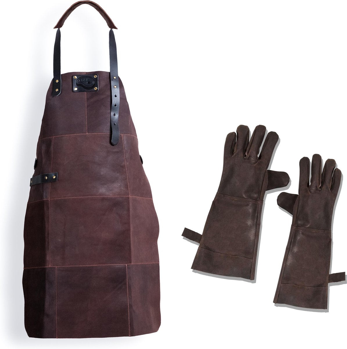Barbecue Leren Schort + Barbecue Handschoenen - DONKER BRUIN - Lederen Schort - Kokschort - BBQ Schort - Kookschort - Vaderdag - Kerst Cadeau voor Man Vader Opa Papa – 81 cm x 56 cm Inclusief Handschoenen voor de Barbecue