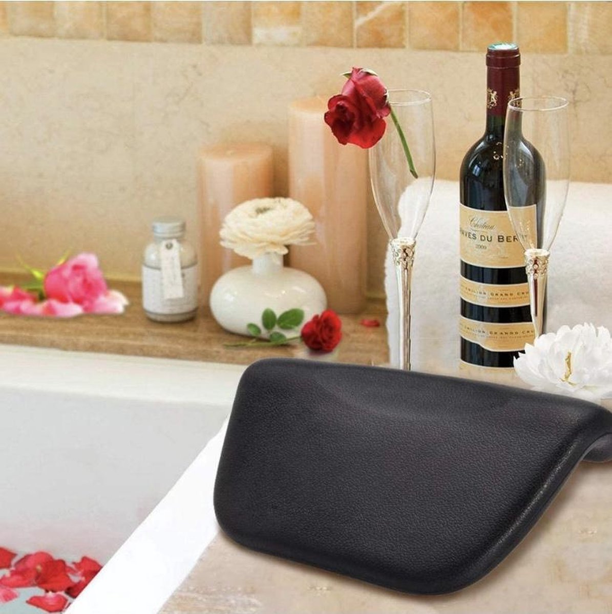 Nivadebro Luxe Badkussen met Anti Slip Zuignappen - Home Spa Kussen voor Rug/Schouder/Nek - Orthopedisch Hoofd Steun voor In Bad en Jacuzzi - Waterdicht - Zwart
