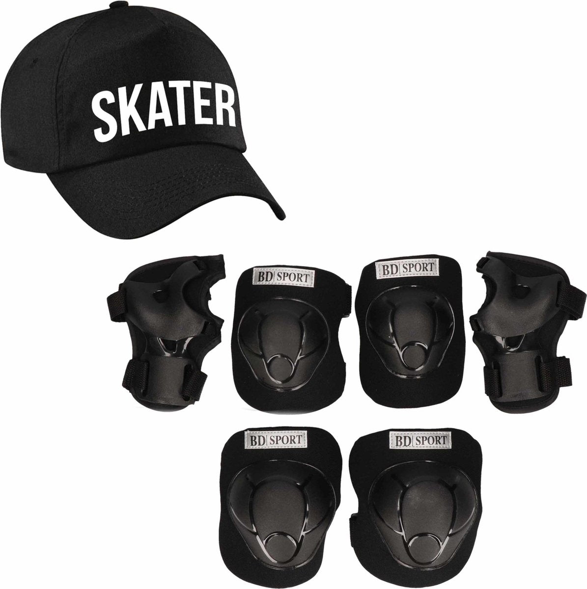 Set van valbescherming voor kinderen maat  M / 6 tot 8 jaar met een stoere SKATER pet zwart