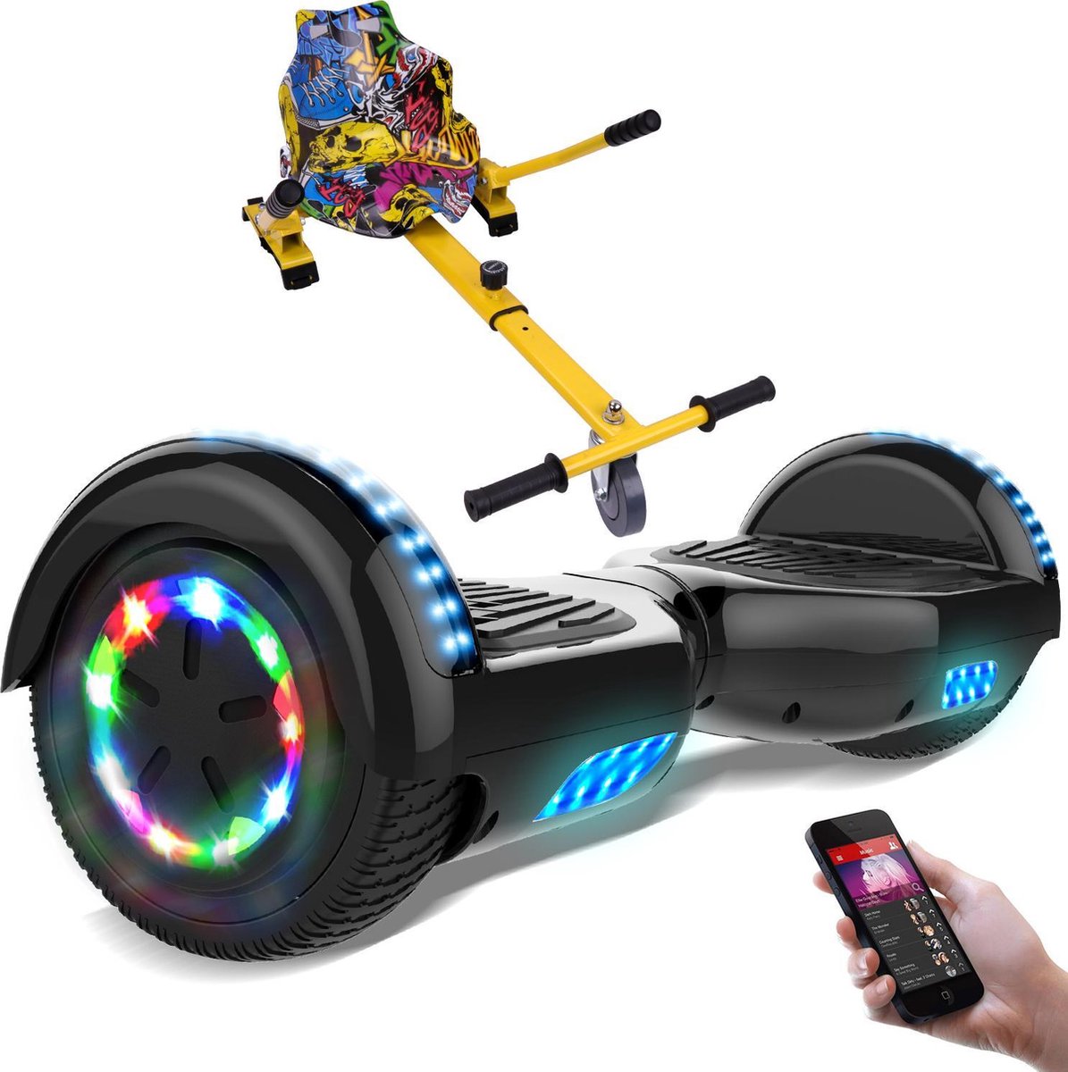 Evercross Hoverboard 6.5 Inch | Flits Wielen | Bluetooth Speaker | LED verlichting | Zwart + Hoverkart Hiphop