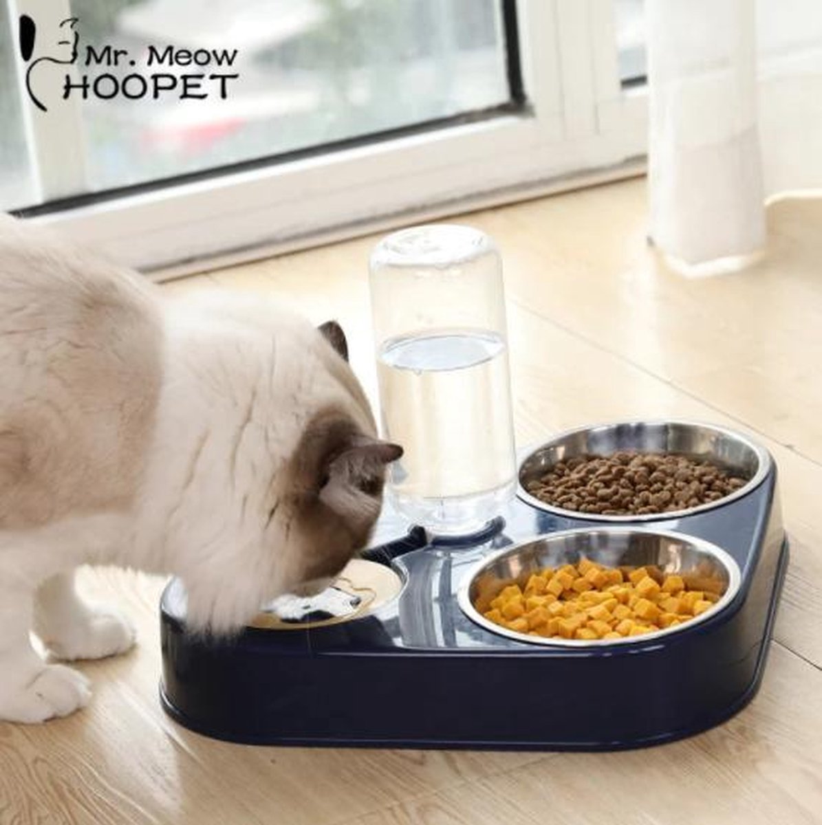Rhodim - Voerbak - Voerbak Hond - Voerbak Kat - Kattenvoer Kom - Hondenvoer Kom - Schaal - met Drinkfles - Blauw