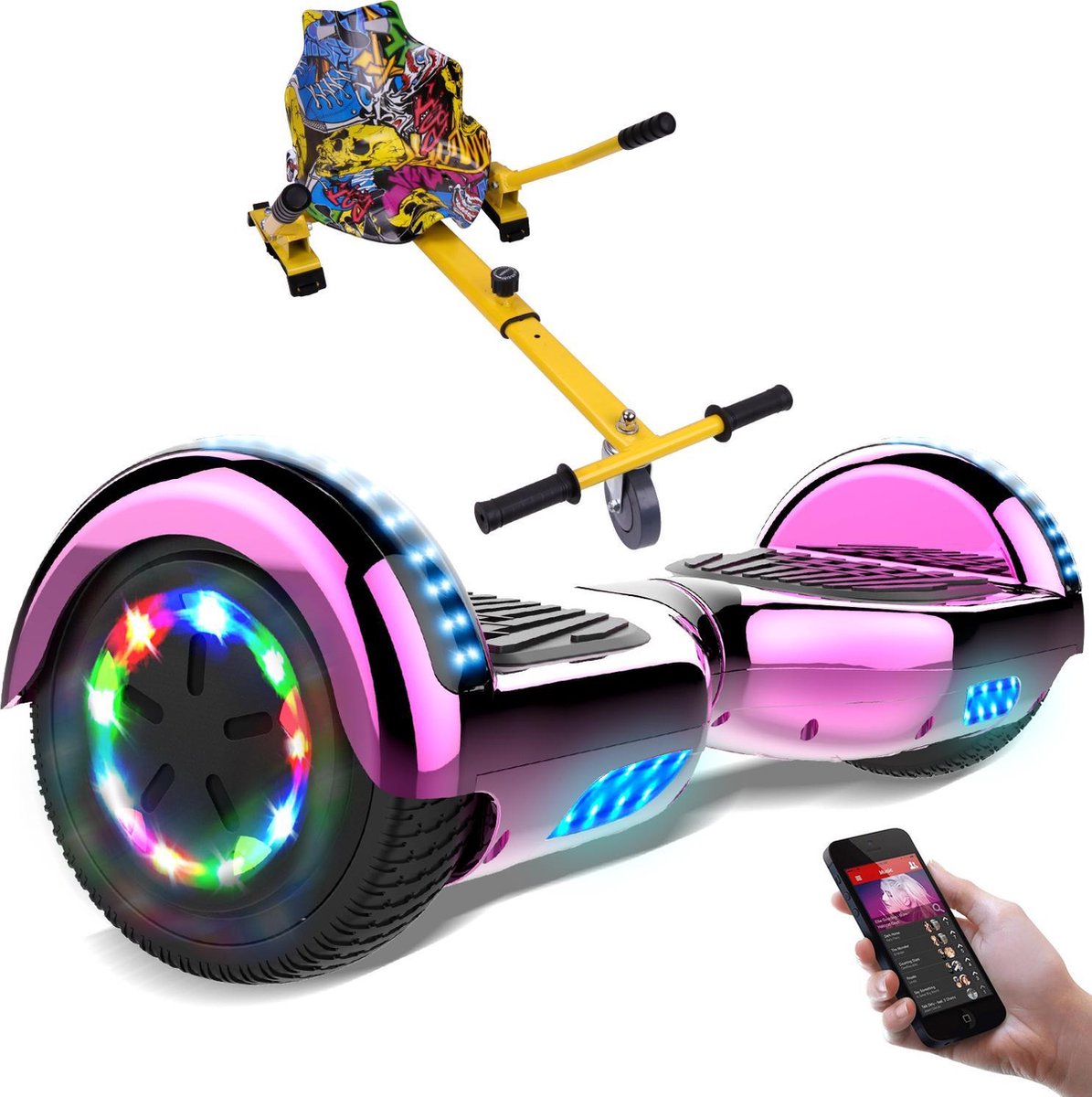 Evercross Hoverboard 6.5 Inch | Flits Wielen | Bluetooth Speaker | LED verlichting | Roze Chroom + Hoverkart Hiphop