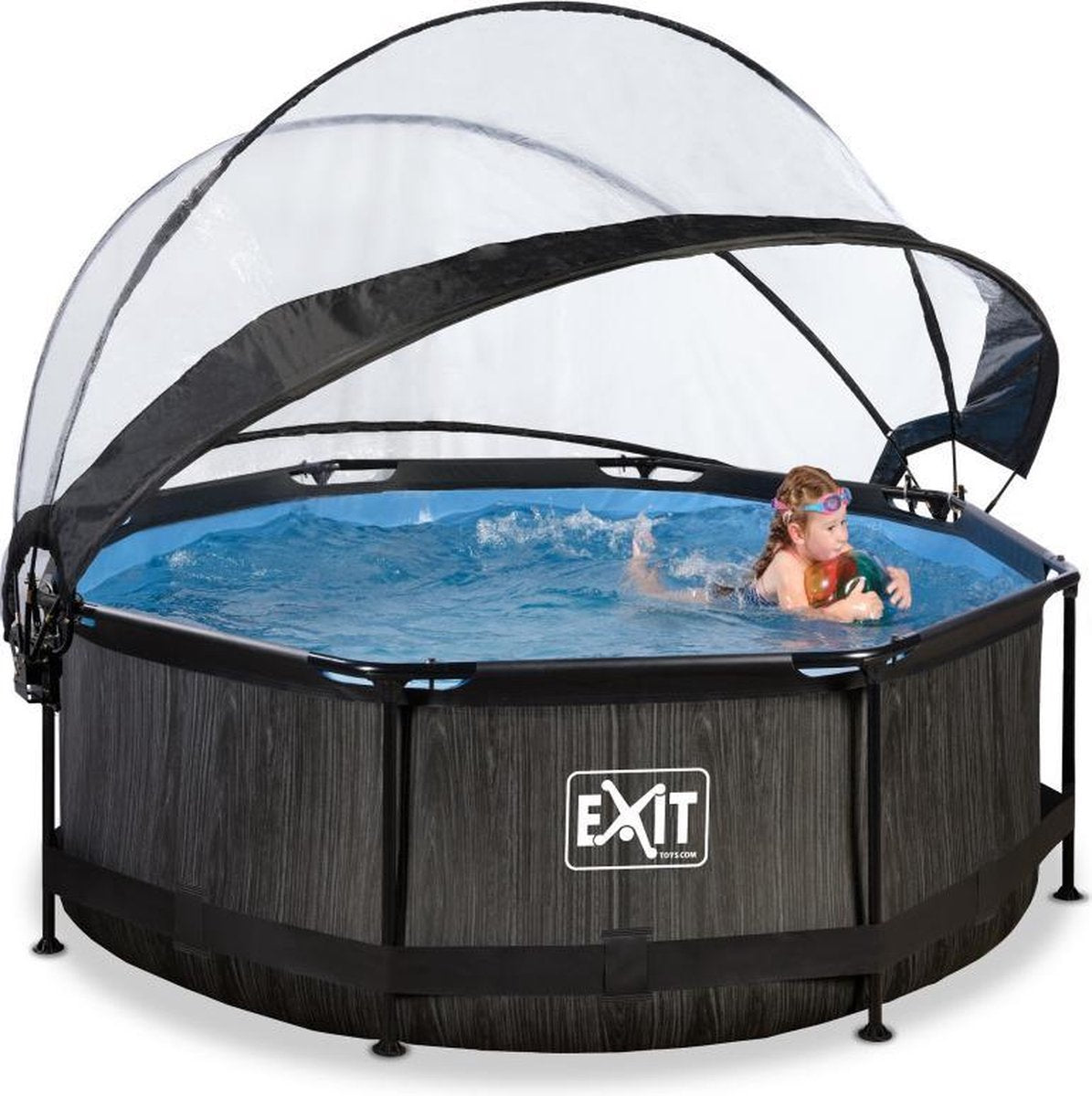 EXIT Zwembad Frame Pool Black Wood Limited Edition met Filterpomp - 244 x 76 cm met Overkapping en Cartridge Filterpomp