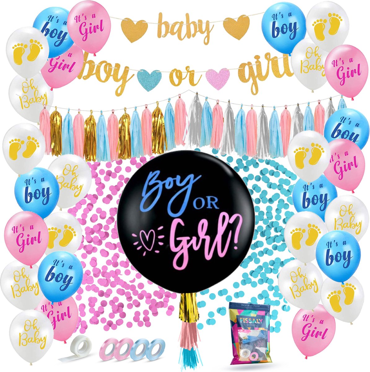 Fissaly® 42 Stuks Gender Reveal Party Ballonnen Decoratie - Baby Boy or Girl Geslachtsbepaling Feestpakket – Papieren Confetti Roze & Blauw