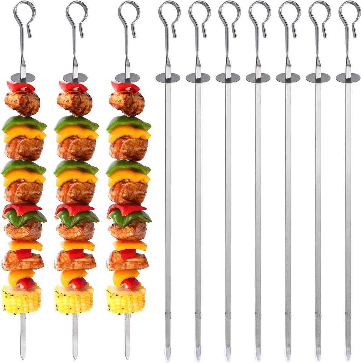 HN® 10 stuks roestvrijstalen grillspiesen | 35 cm lang | metalen BBQ spiesen met schuifregelaar | herbruikbare brede platte spiesstokken