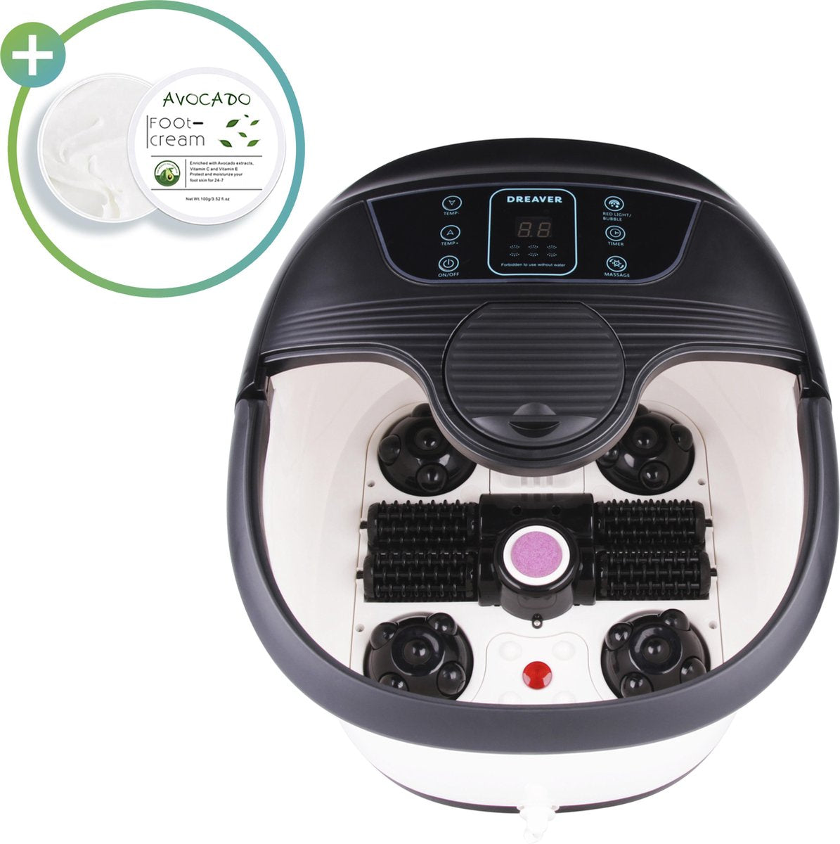Dreaver® XXL Massage Voetenbad - Automatische Massage - Inclusief GRATIS avocado voetencrème - 12L - Verwarming Tot 48°C