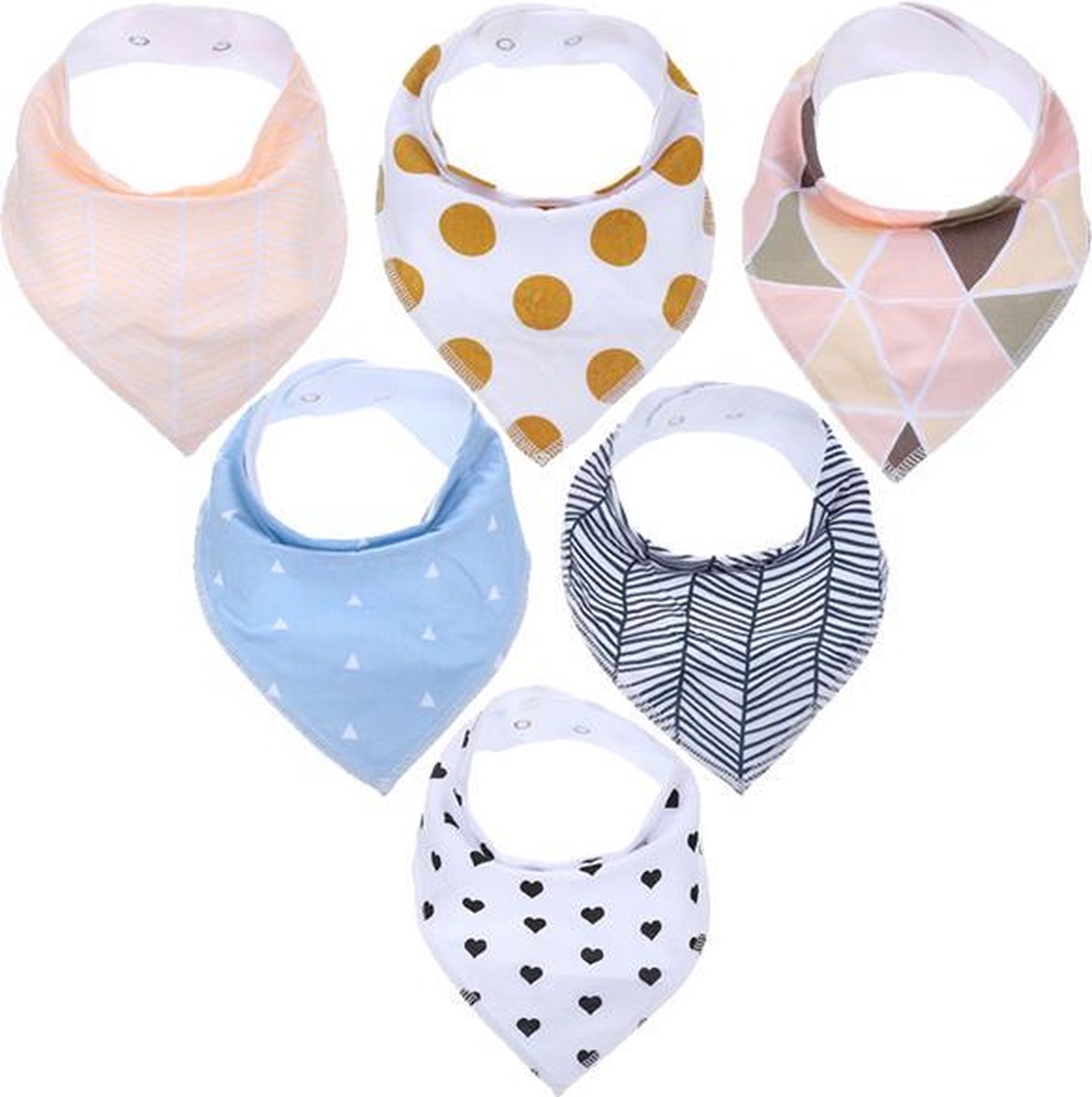 JillyBee - Slab - Slabbetje - Slabber - Bandana - 6pack - Hartjes - Streepjes - Rondjes - Driehoek - Blauw - Zwart - Groen - Roze - Geel - Wit