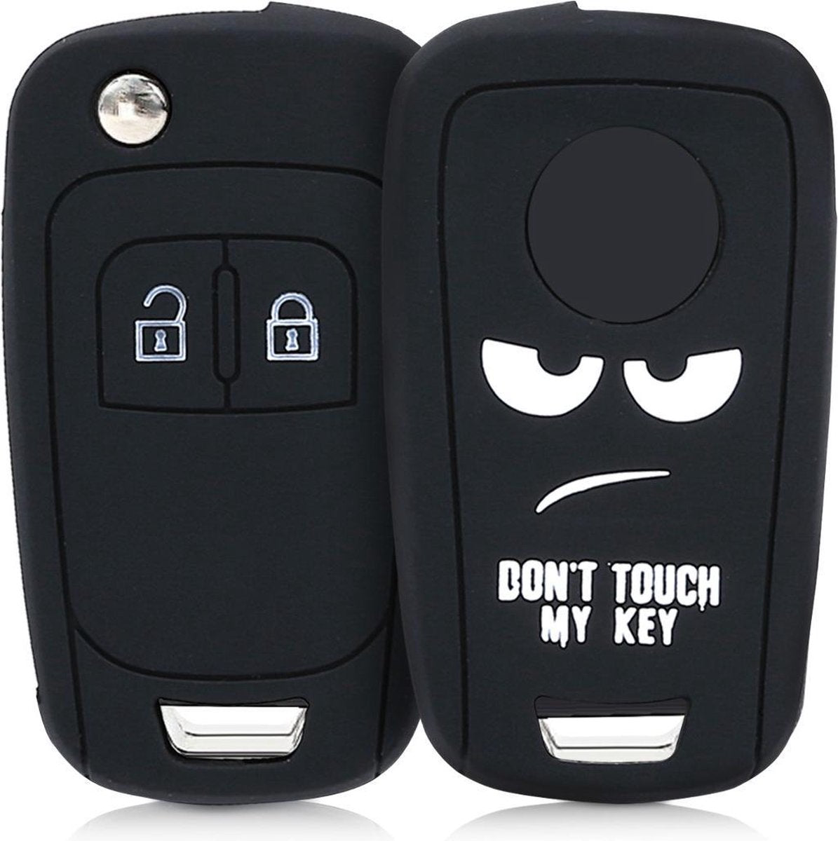 kwmobile autosleutelhoes voor Opel Chevrolet 2-knops inklapbare autosleutel - Siliconen beschermhoes in wit / zwart - Don't Touch My Key design