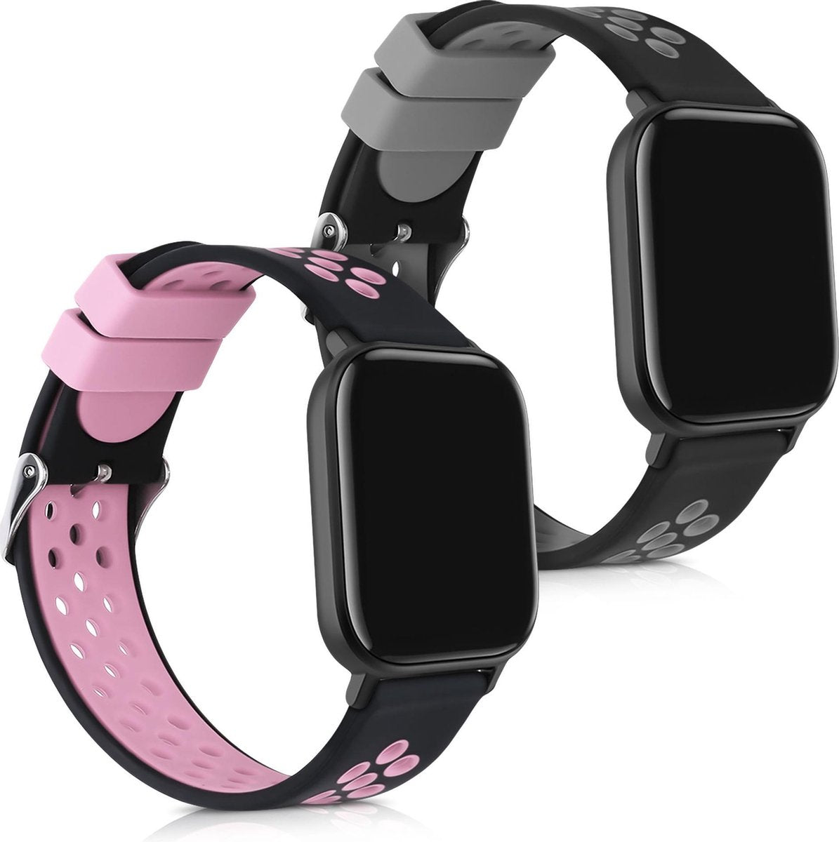 kwmobile 2x horlogeband voor Huami Amazfit GTS / GTS 2 / GTS 2e - siliconen band voor fitnesstracker - zwart / grijs / zwart / poederroze