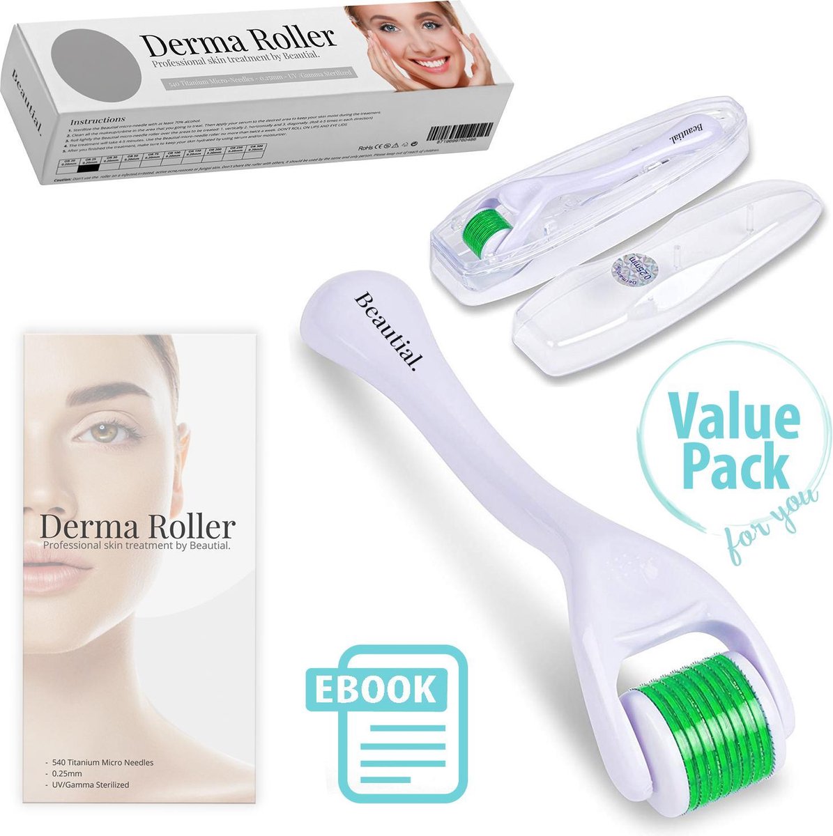 Beautial® Titanium Dermaroller - 0.25mm - verminder huidsveroudering! Inclusief E-Book