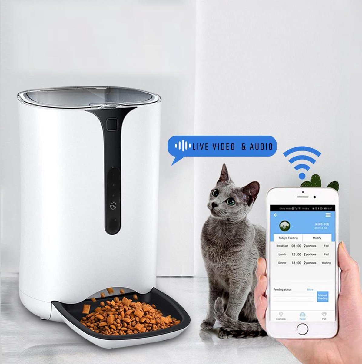 Automatische voerbak - WiFi Smart Voerautomaat - Ingebouwde Camera & Microfoon - NL Handleiding - Automatische voerbak kat - Voerautomaat voor hond - Automatische Voerbak met Smartphone Besturing - voerdispenser - Voerinhoud 6 liter