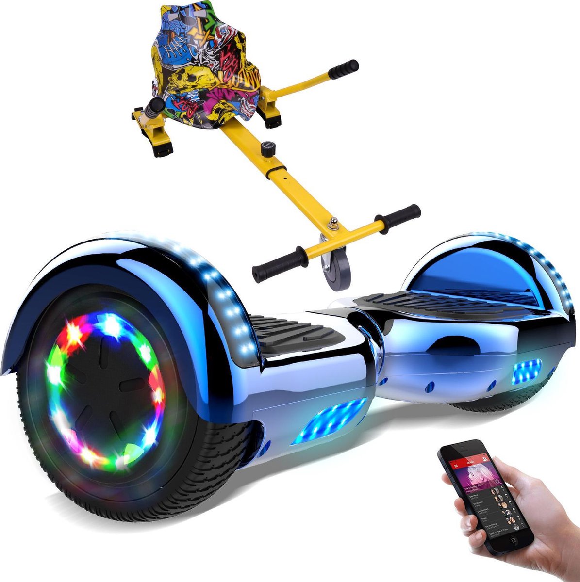 Evercross Hoverboard 6.5 Inch | Flits Wielen | Bluetooth Speaker | LED verlichting | Blauw Chroom + Hoverkart Hiphop