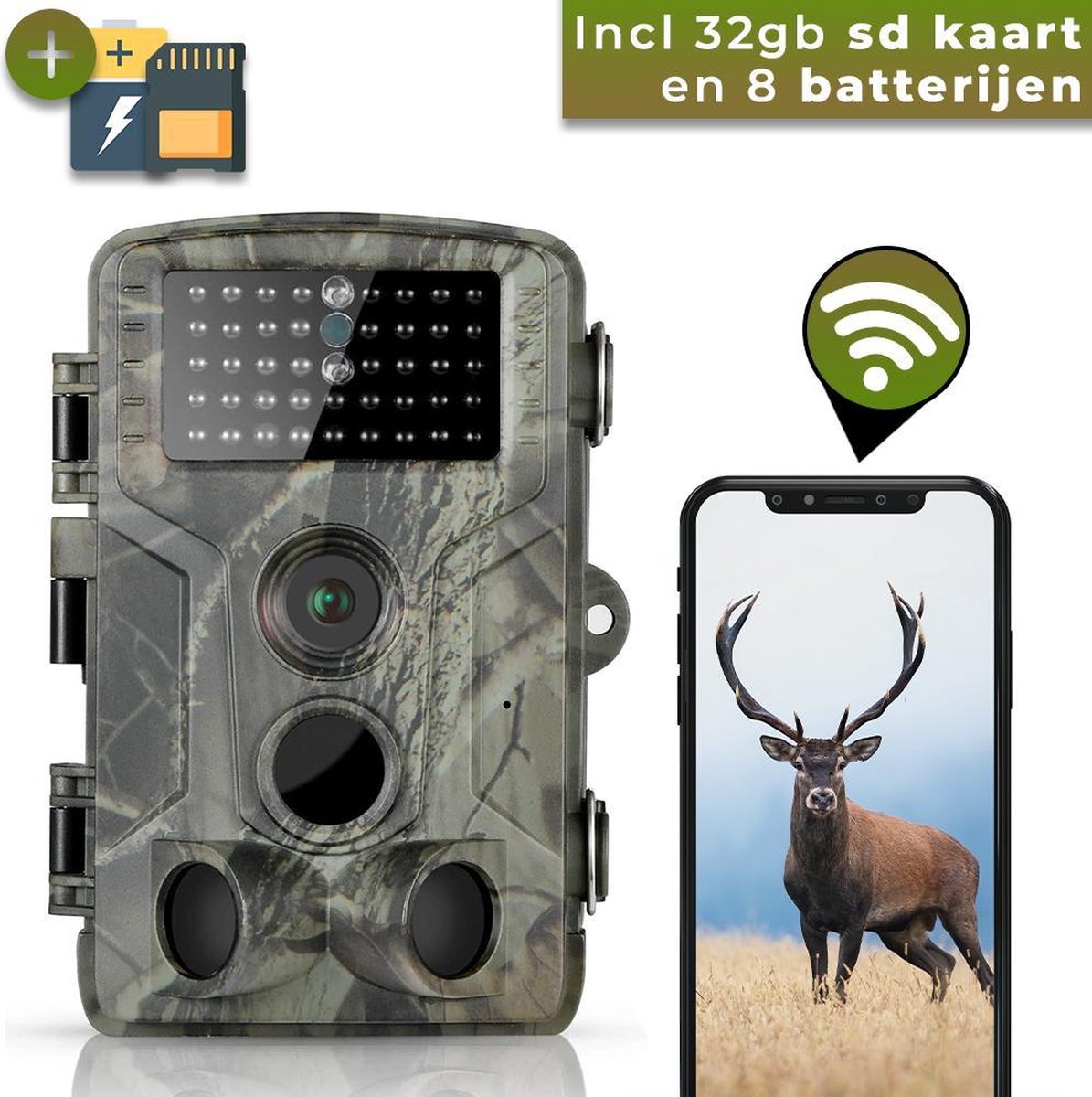 WiFi – 2.7K Wildcamera met Nachtzicht – 36MP – Wildlife Camera – Inclusief 32GB Memory Card en 8 Batterijen – Buiten Camera