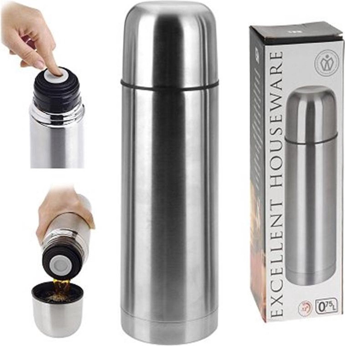 Basis Thermoskan | Isolatiekan bullet 0.75 ltr | Roestvrijstale drinkbeker | Zilver