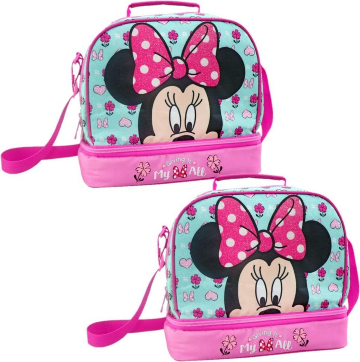 Set van 2x stuks kleine koeltassen voor lunch roze/licht blauw met Mini Mouse print 27 x 13 x 24 cm 8 liter - Koeltassen