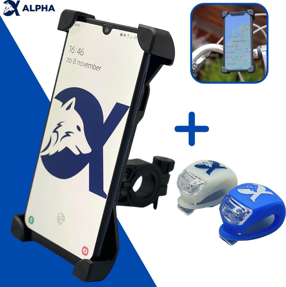 Telefoonhouder Fiets - Gsm Houder Fiets - Fiets Telefoonhouder - Fiets Accessoires - Smartphone Houder Fiets - Telefoonhouder Fiets Universeel - Inclusief Fietslichtjes Voor en Achter - Volledig Draaibaar