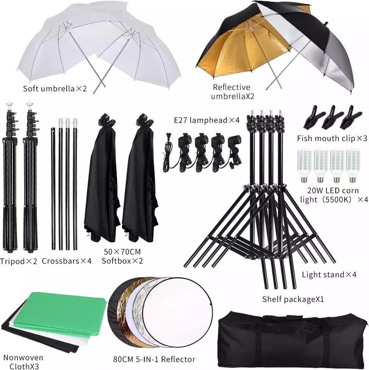 Fotografie Foto Studio Softbox Verlichting Kit Met 2.6X3M Achtergrond Frame 3Pcs Achtergronden Statief Reflector Board 4 Paraplu