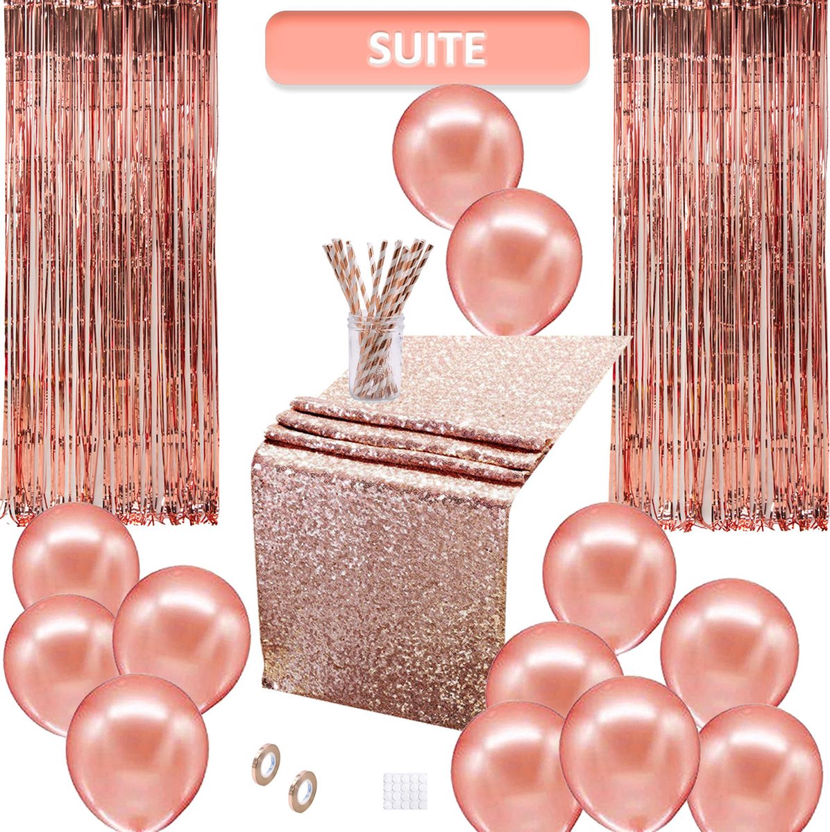 Vitamo™ Roségoud Feestversiering - Feestpakket - Verjaardag - Baby Shower - Tafelloper - Feestgordijnen - SUITE