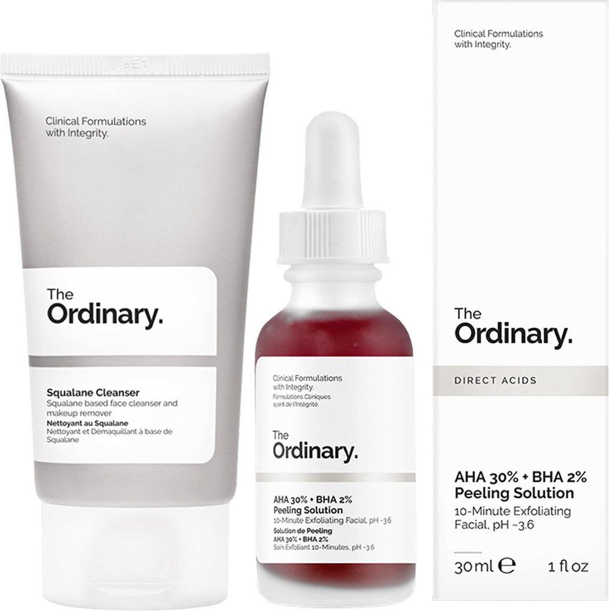 Duo set - The Ordinary AHA 30% + BHA 2% Peeling Solution and The Ordinary Squalane Gezichtsreiniging - Cleanser die make-up verwijdert en de huid zacht laat aanvoelen - Tegen onzuiverheden - Egale huid - Gezichts peeling - Gezichtsserum