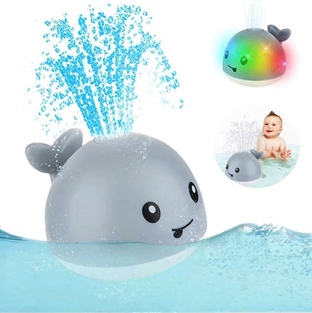 SEOS Shop ® Badspeelgoed | Lichtgevend | Sensor Fontein | Verschillende kleuren licht | Wally de Walvis (Grijs)