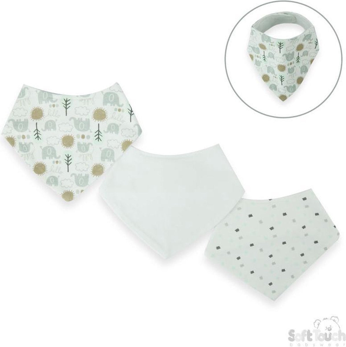 Soft Touch Slabbetjes Elephant 30 X 38 Cm Katoen Grijs/wit 3 Stuks