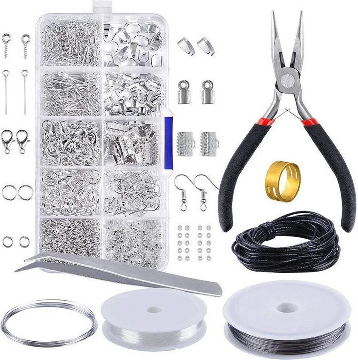Grote sieraden onderdelen set + opbergdoos + platbektang + draad
