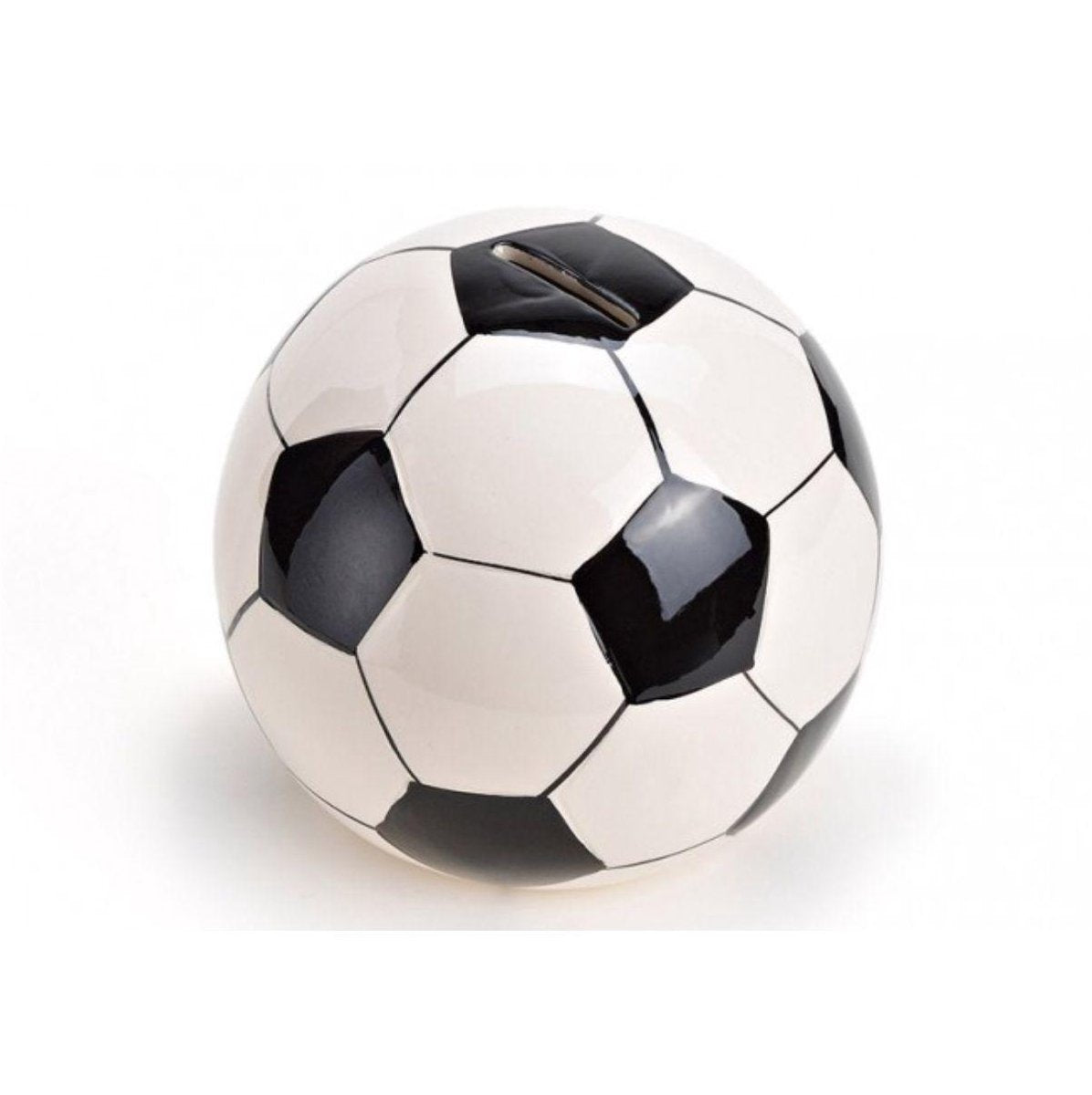 Spaarpot voetbal in zwart wit 13 cm gemaakt van keramiek