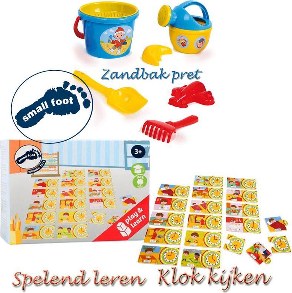 Small Foot Leerpuzzel Klok Kijken Hout 34 Stukjes 12 X 6 Cm en een Strandset 7-delig zandmannetje