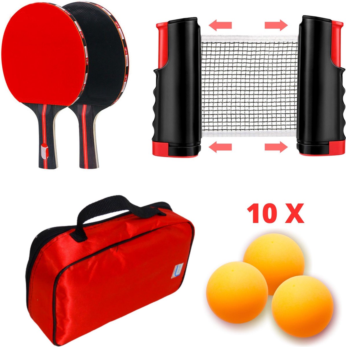 MIMISPORT Professionele Tafeltennis Set met Opbergtas - Inclusief 2x Gladde Tafeltenisbatjes/ 10x PingPongballen / Uitschuifbaar Net – Tennis met PingPongballen en Batjes - Complete PingPongset - Tafeltennisset - Portable Tabletennis