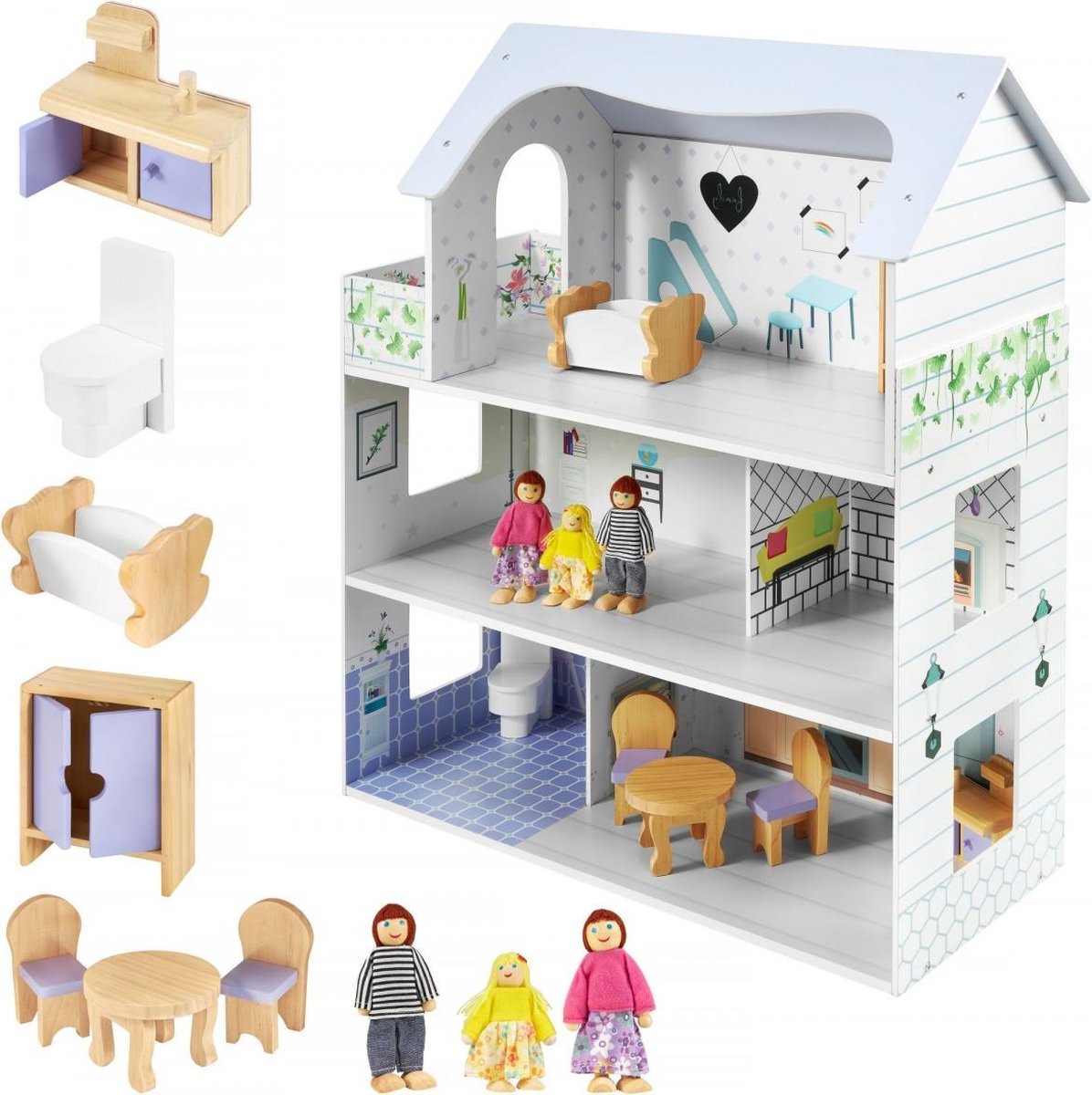 Mamabrum Poppenhuis Hout - Wit - Houten Poppenhuis - Set met Meubels