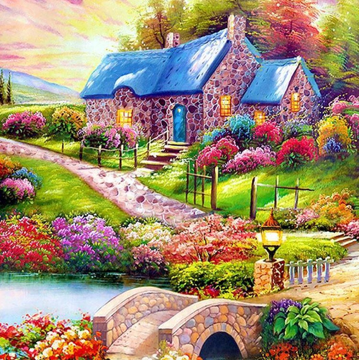 Huisje met Brug aan Water - Diamond Painting - 30x30cm - Complete Set - Inclusief Tools