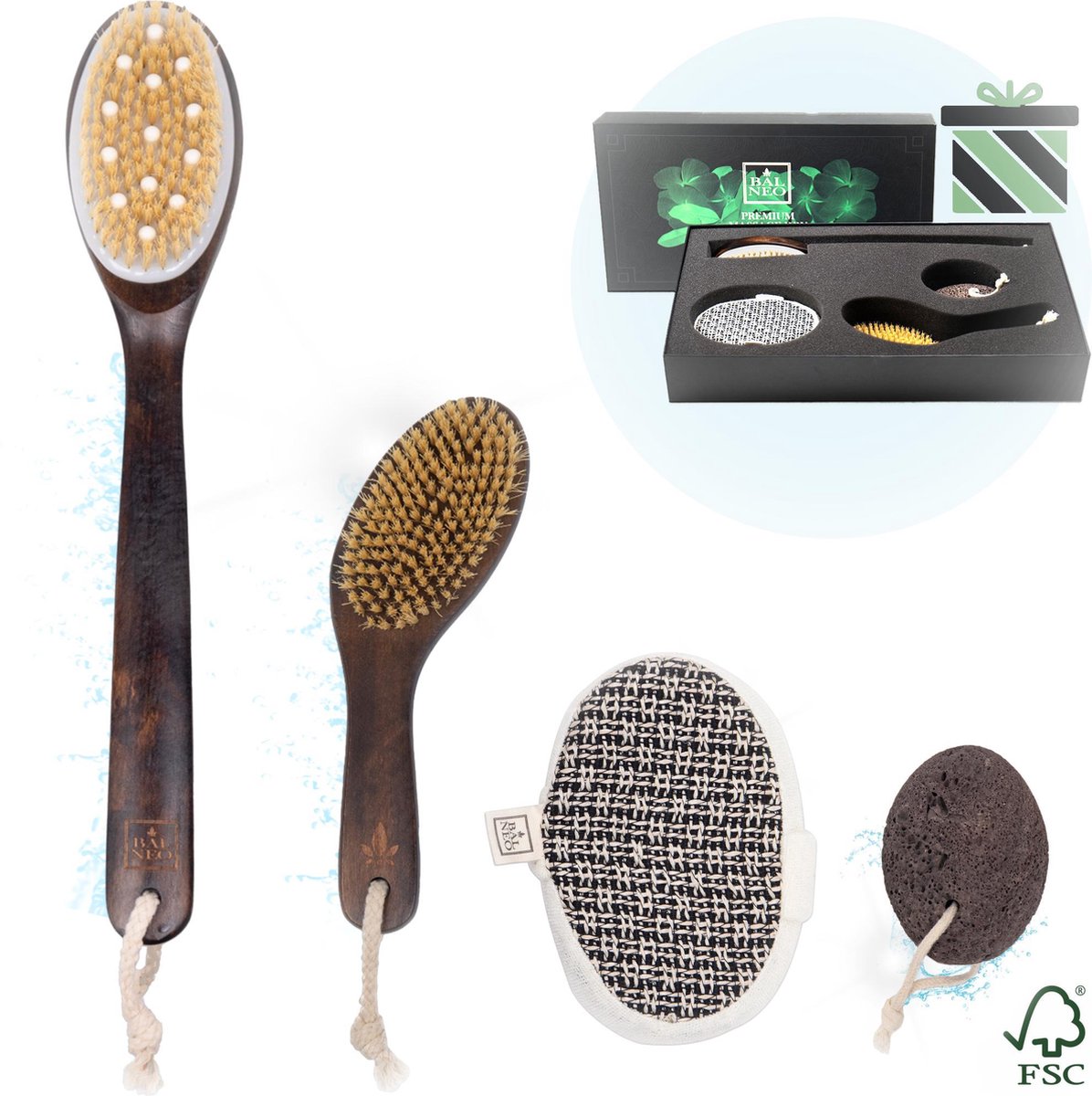 Badborstel met Steel Dry Brush Rugborstel Anti Cellulite Lichaamsborstel - Droogborstel Badkamer Accessoires Massageborstel - Huidborstel Geschenkset - Balneo®