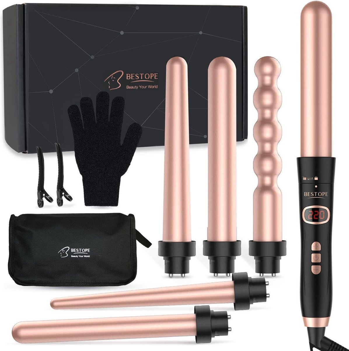 Bestope 6 in 1 Krultang met opzetstukken - 13 tot 32mm - Rose Goud