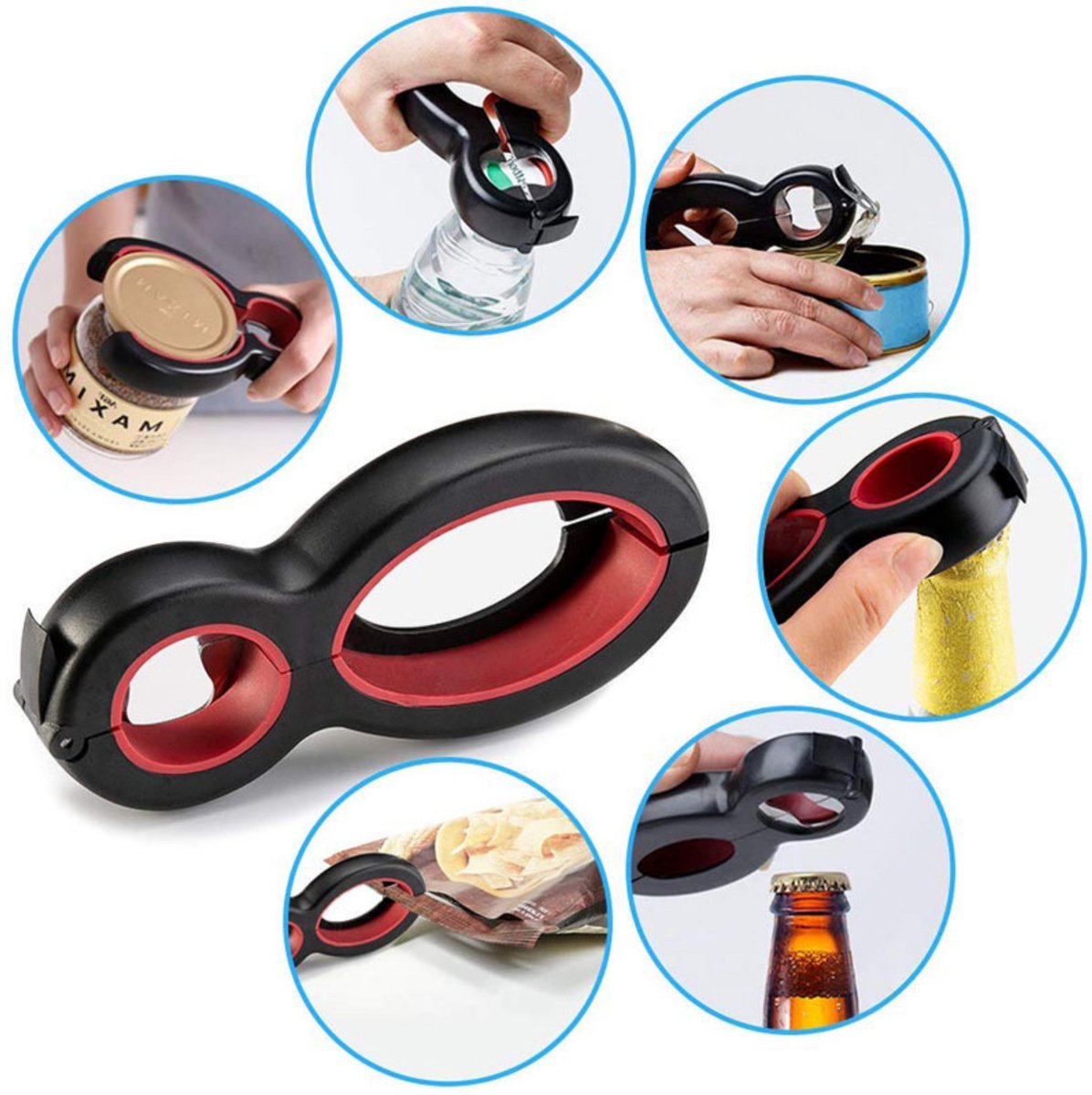 HMerch™ 6-in-1 Allesopener - Potopener - Dekselopener - Multifunctionele opener - Flesopener - Blikopener - Reuma Hulp - Rood / Zwart