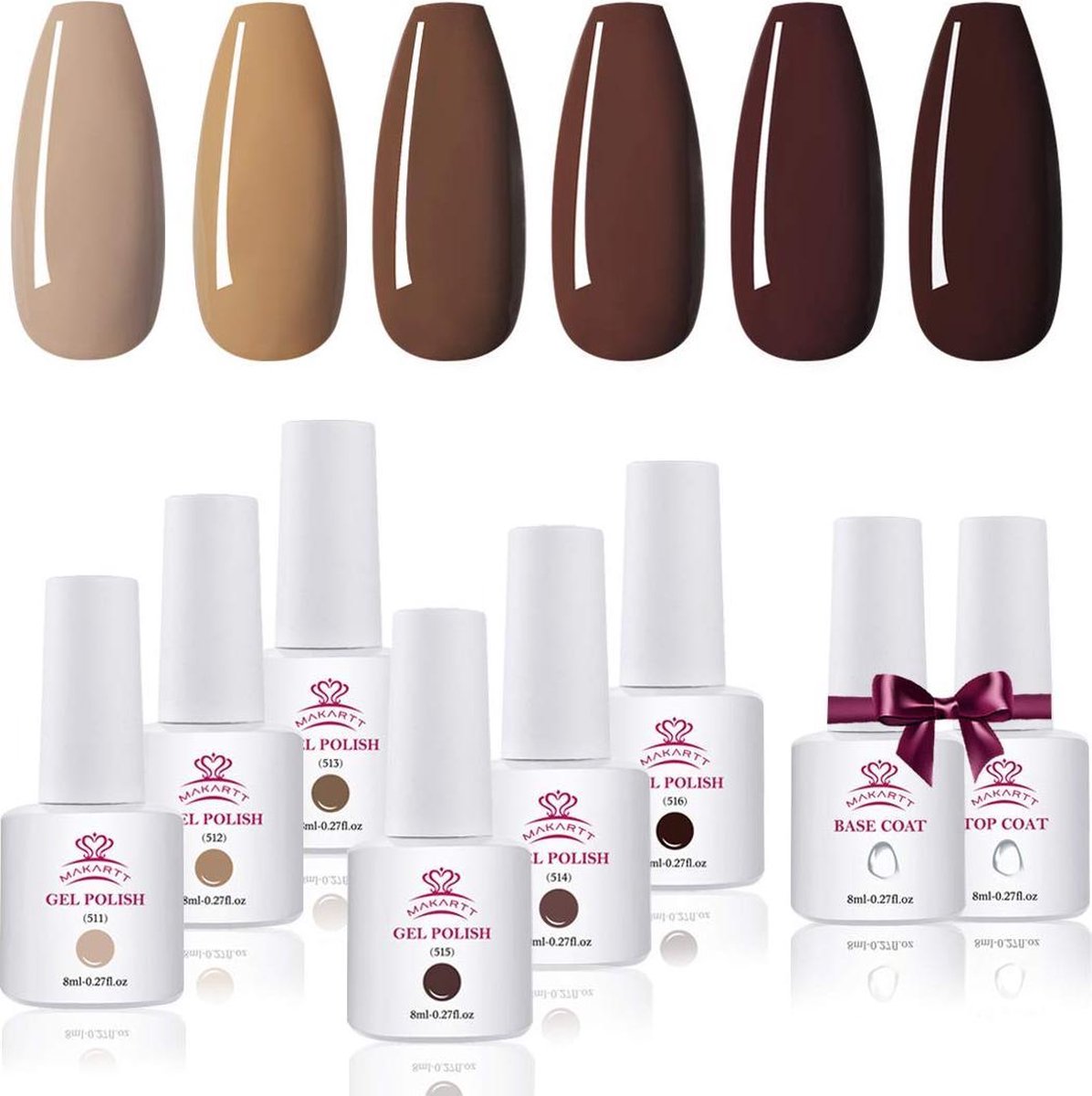 Makartt - glanzende trendy gel nagellak set - 6 lichtbruine zomerse kleuren - base coat