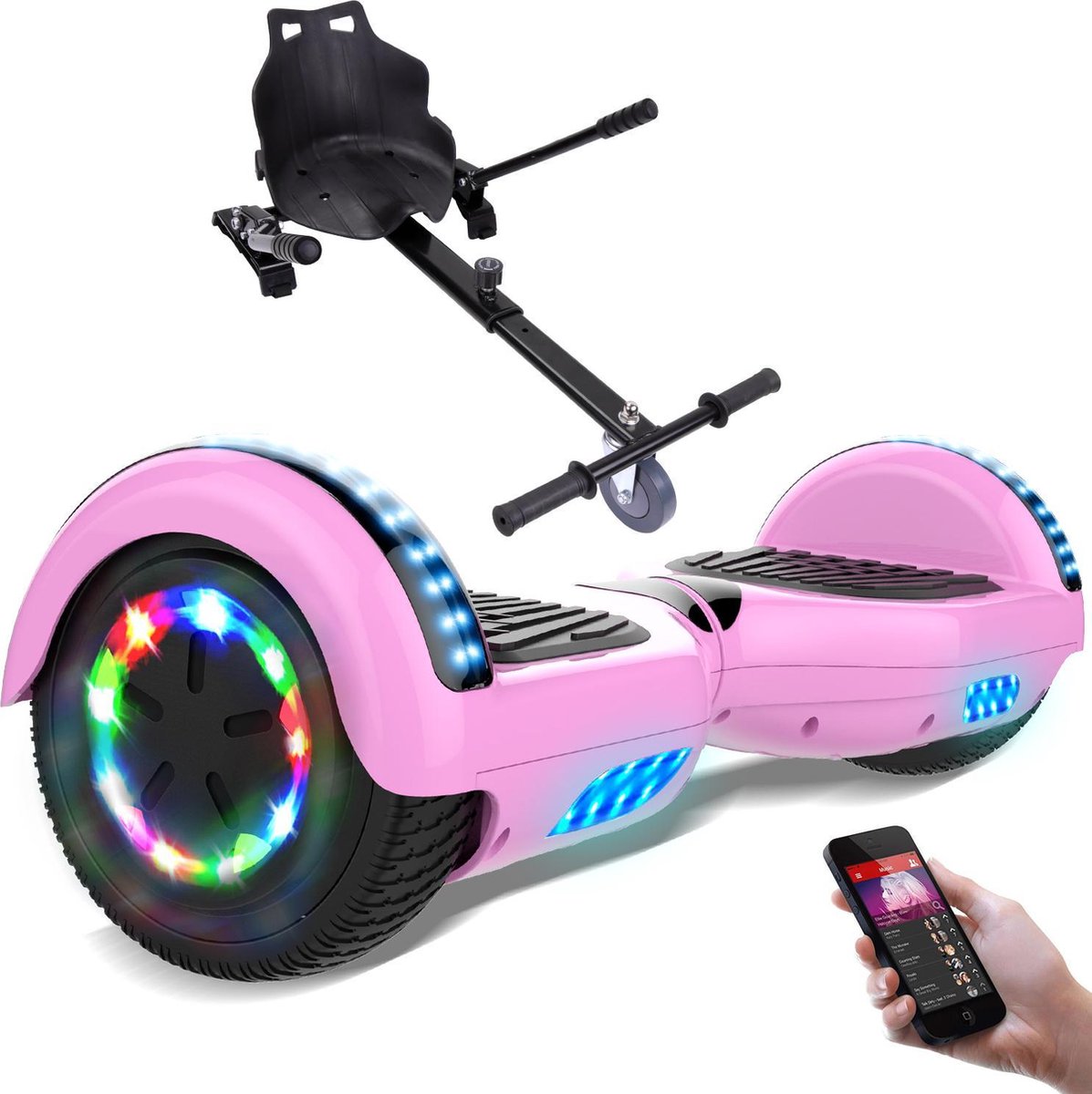 Evercross Hoverboard 6.5 Inch | Flits Wielen | Bluetooth Speaker | LED verlichting | Roze + Hoverkart Zwart
