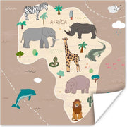 Dieren - Wereldkaart kinderen - Afrika - Schoolplaat - Kinderkamer - 50x50 cm