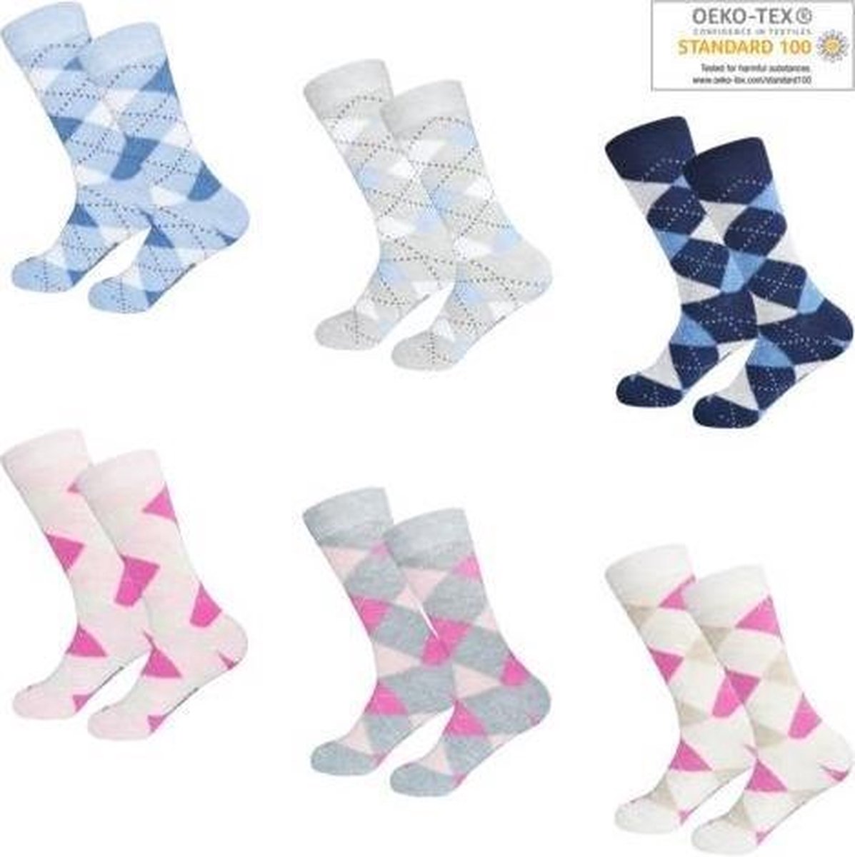 GIANVAGLIA DAMES SOKKEN KATOEN/LICHTBLAUW/GRIJS/MARINE BLAUW/ROZE/BEIGE/12 PAAR/MULTIPACK/ARGYLE/GERUIT/MAAT 39-42