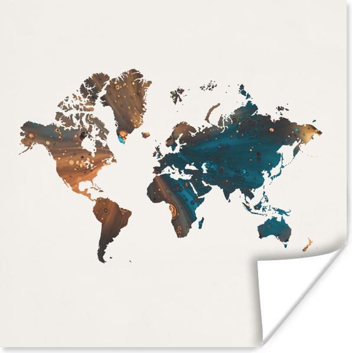 Muurdecoratie - Wereldkaart - Blauw - Oranje - 50x50 cm - Poster