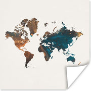 Muurdecoratie - Wereldkaart - Blauw - Oranje - 50x50 cm - Poster