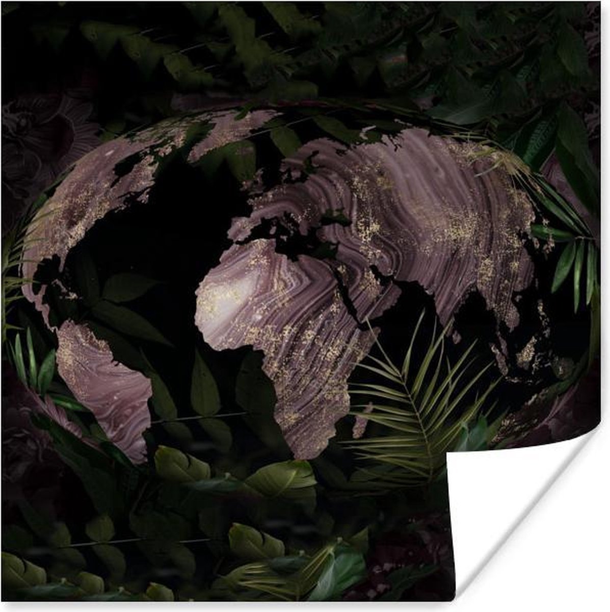 Muurdecoratie - Wereldkaart - Planten - Paars - 50x50 cm - Poster