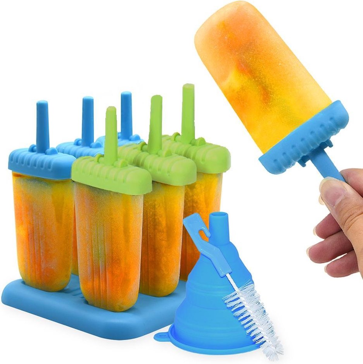 Perow ijsvormen - 6 Stuks - Inclusief Gratis Trechter en Reinigingsborstel - BPA en Chemicaliën Vrij Silicone IJshouder - IJs Vorm Makers - 2 Kleuren - IJslolly