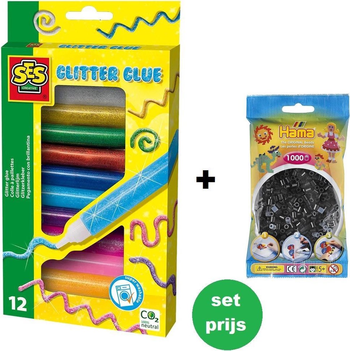 Ses 00277 Glitterlijm + 1000 zwarte strijkkralen (combi-deal)